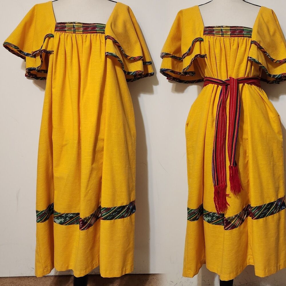 Vintage 80s Guatemalan Huipile Cotton Bueno Flamboyan Fiesta dress Batwing Boho